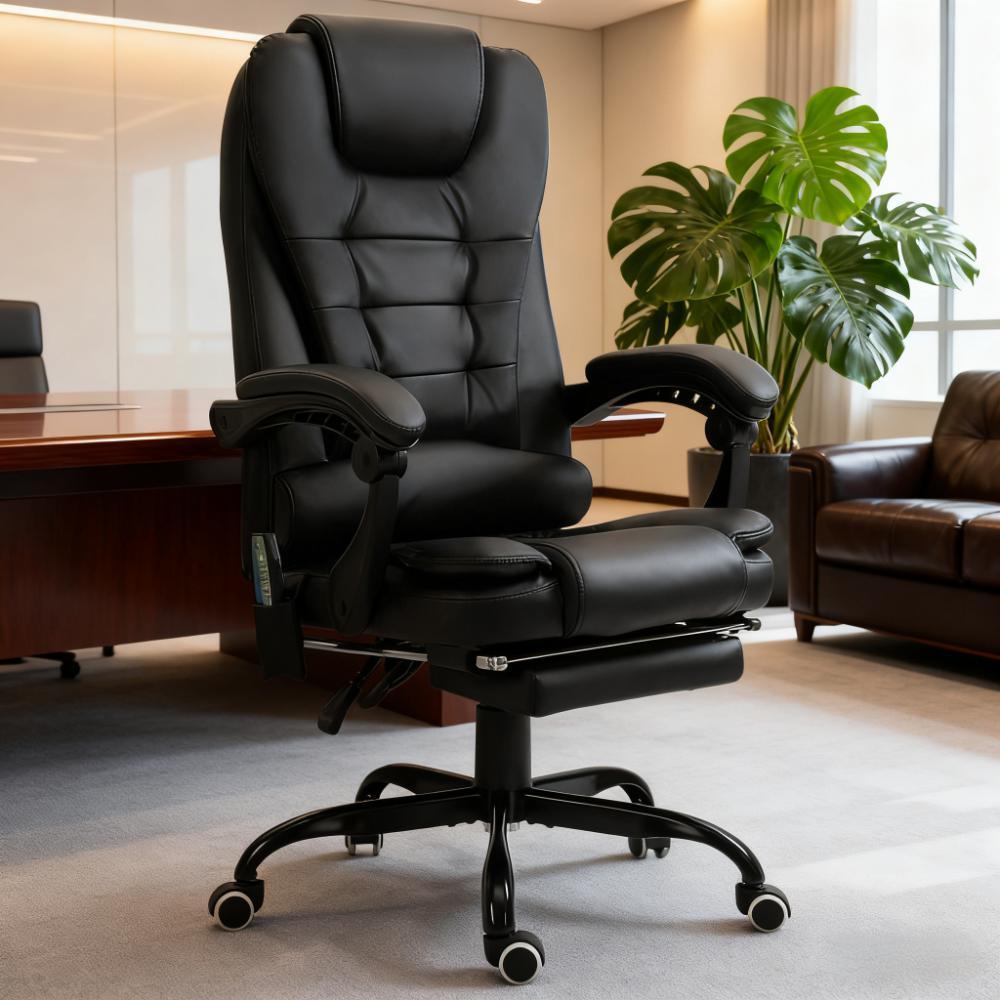 Black Vegan Leather Office Chair, Massage, Reclining, 297 lb