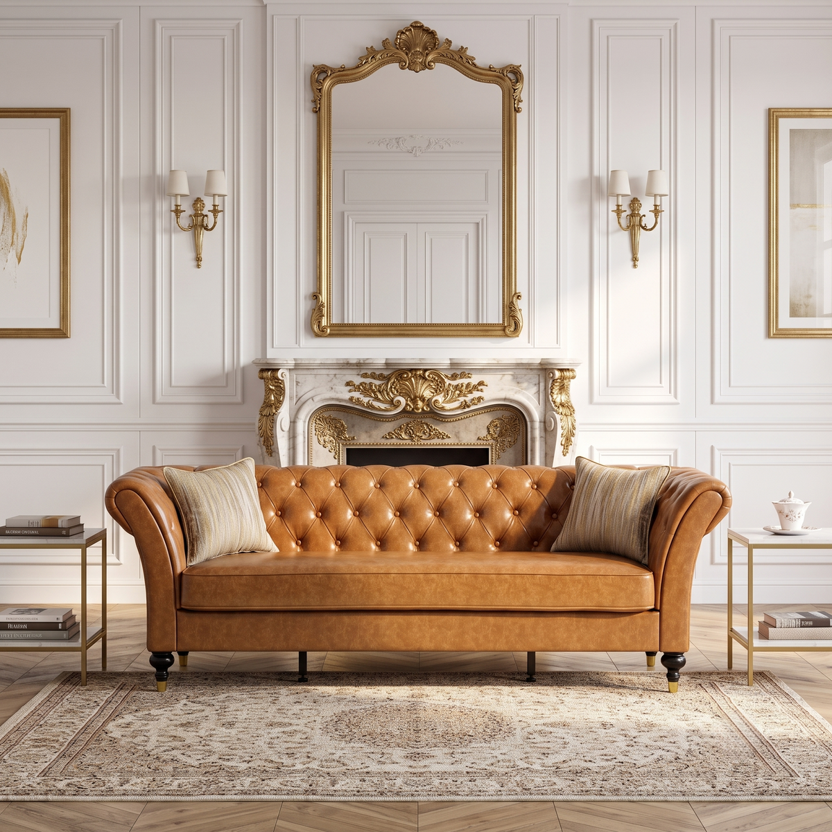 Light Brown Vegan Leather 3-Seat Tufted Chesterfield Sofa