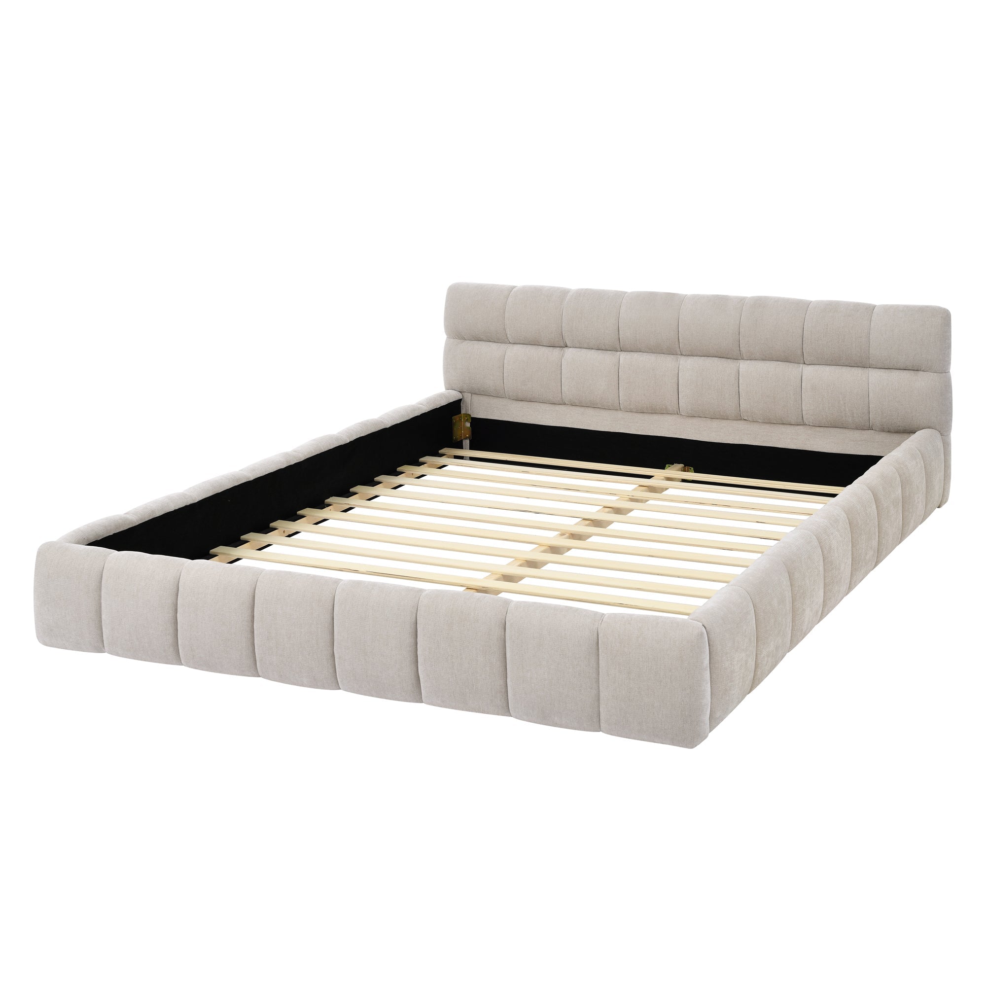 Beige chenille channel-tufted platform bed frame, angled view on white with exposed wood slats #Color_Beige