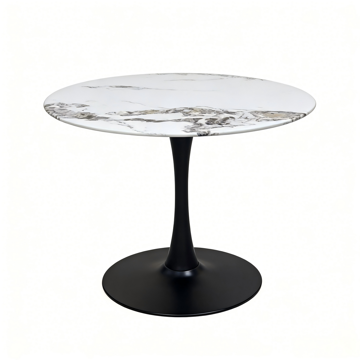 Front studio view of white faux marble round top on a black tulip pedestal base