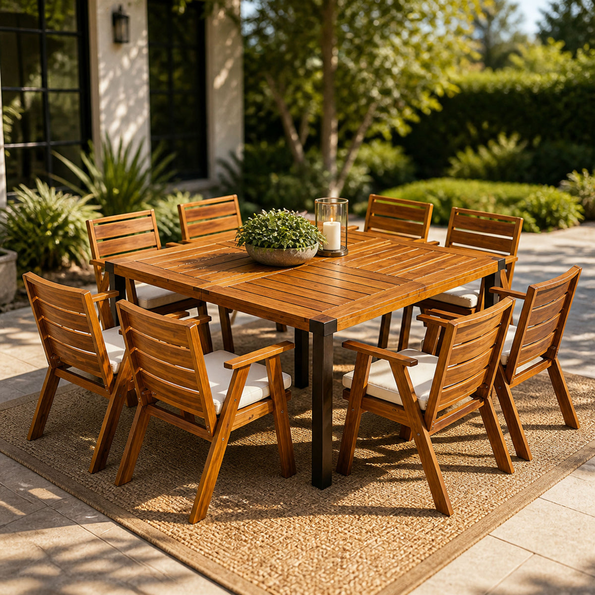 Teak Finish Solid Wood 9-Piece Patio Dining Set for 8 with Beige Cushions