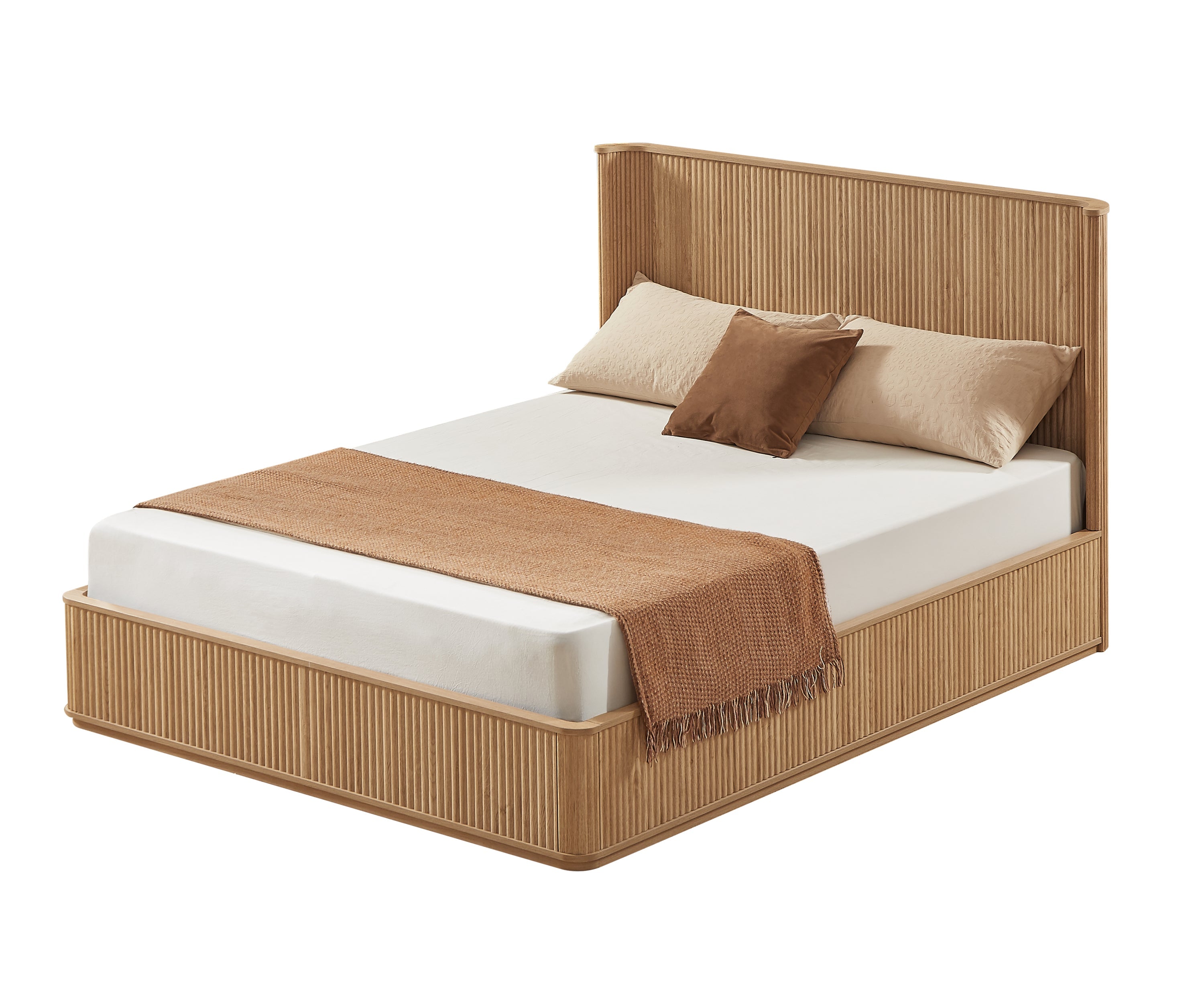 Studio angle of the natural oak fluted queen platform bed with styled bedding on white #Color_Natural Oak
