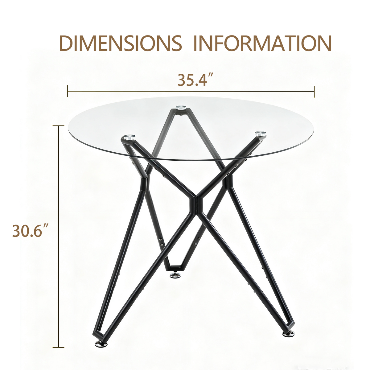 Dimensions diagram of the round glass table showing 35.4 inch diameter and 30.6 inch height