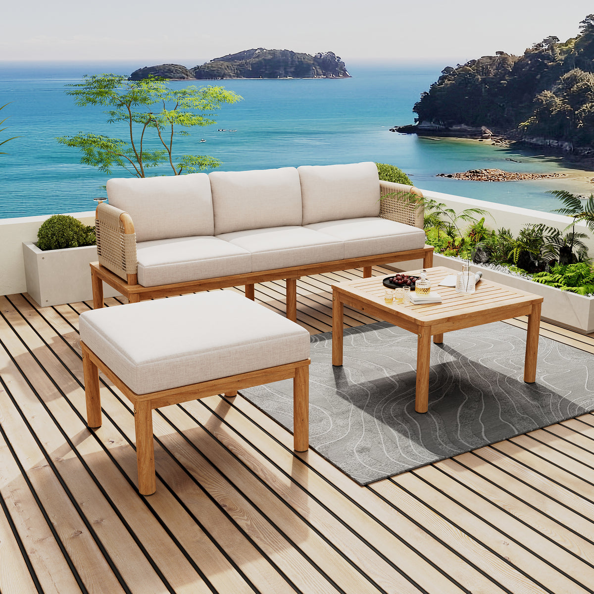 Teak Finish Solid Wood 3-Piece Outdoor Sofa Set
