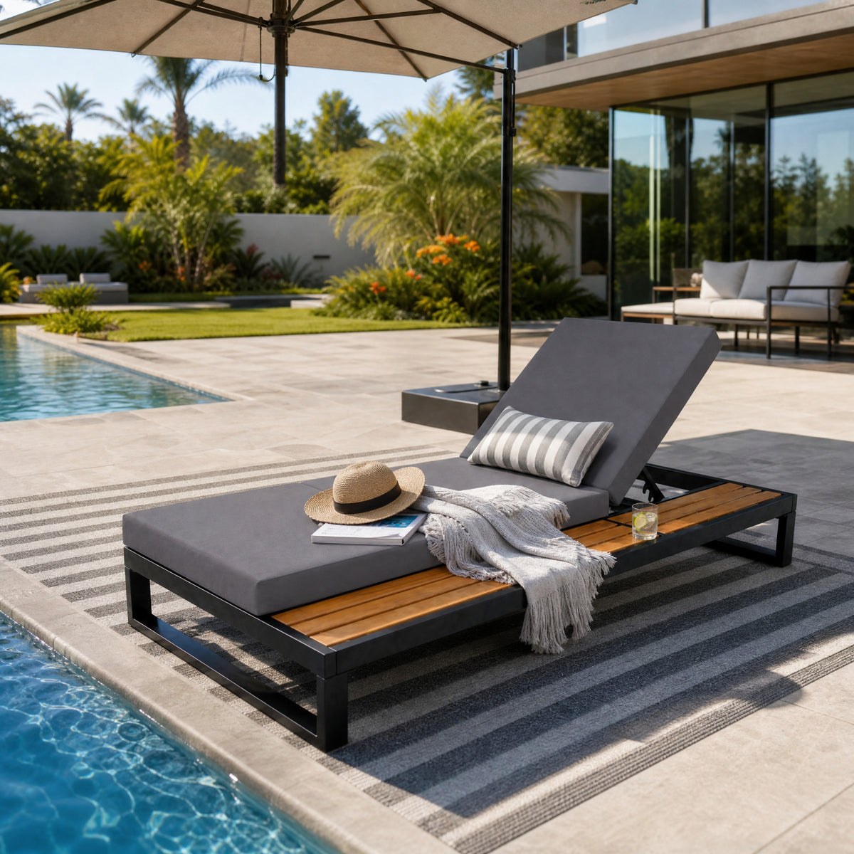 Teak Finish Metal Adjustable Outdoor Chaise Lounge, Dark Gray Cushion