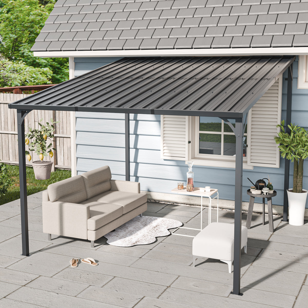10x10 ft Black Metal Lean-To Hardtop Gazebo