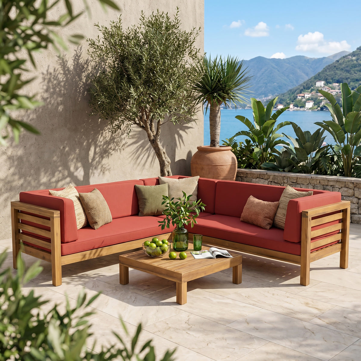 Solid Wood Outdoor Sectional Set with Red Cushions