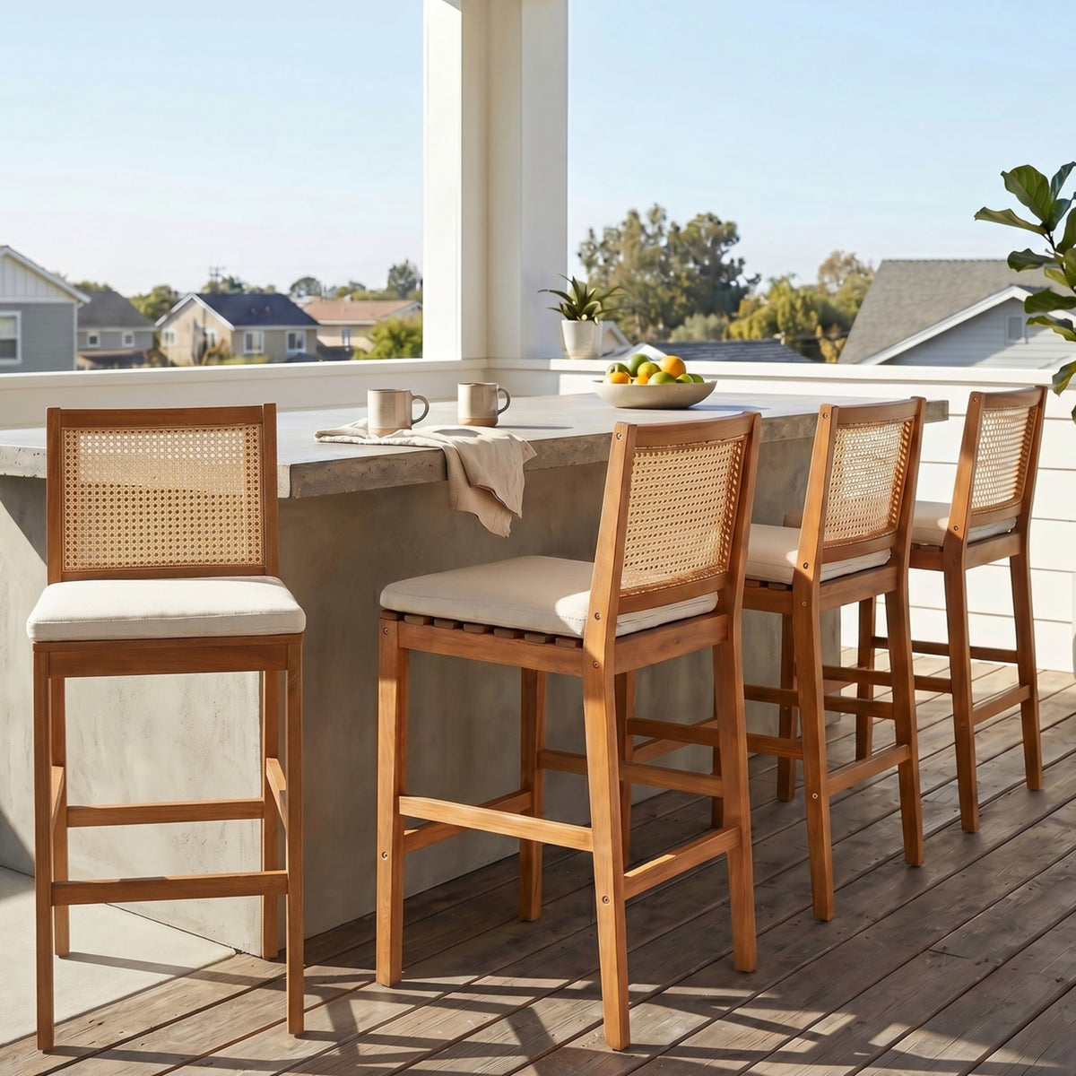 Teak Finish Solid Wood Outdoor Bar Stool with Cushions, Set of 4