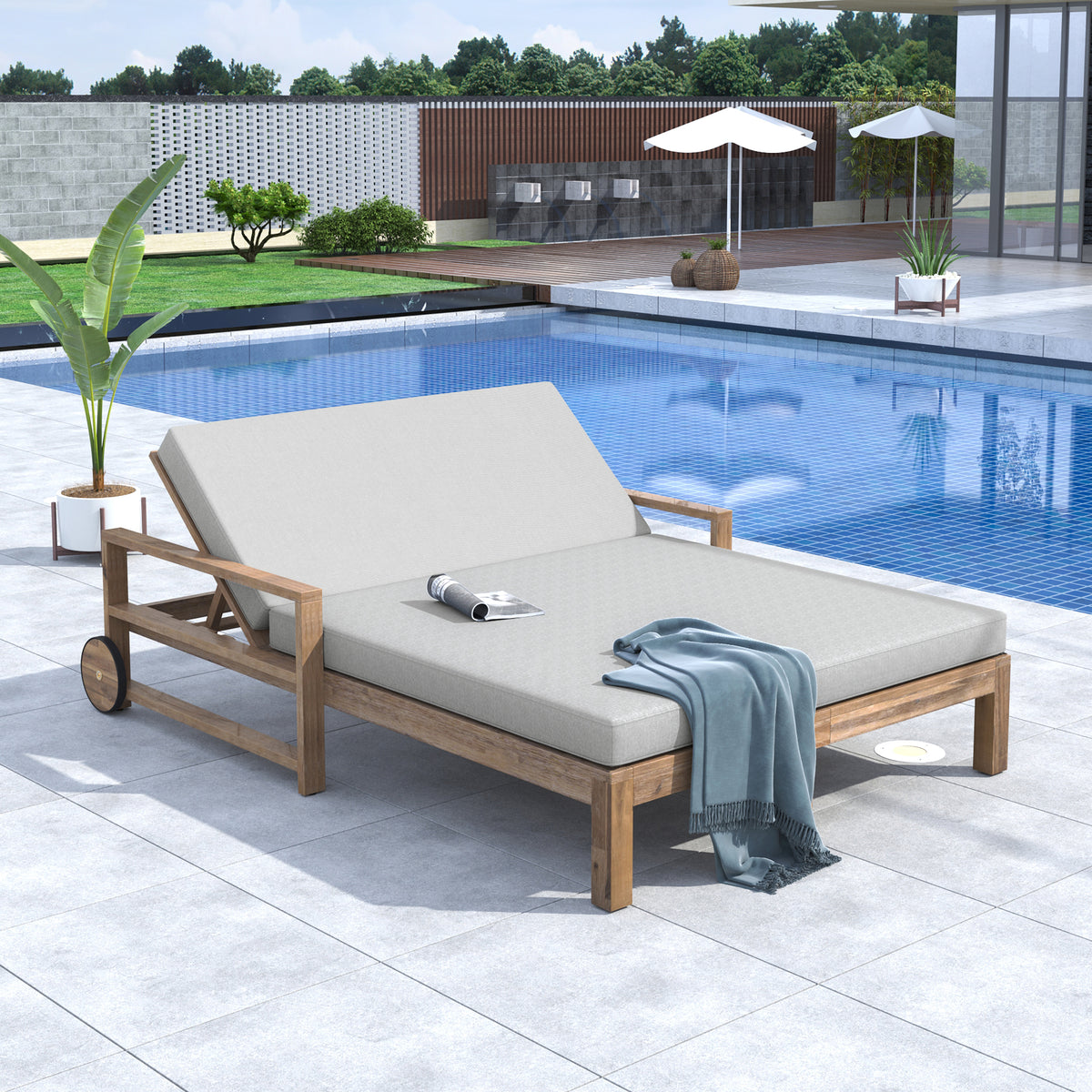 Gray Solid Wood Outdoor Double Chaise Lounge