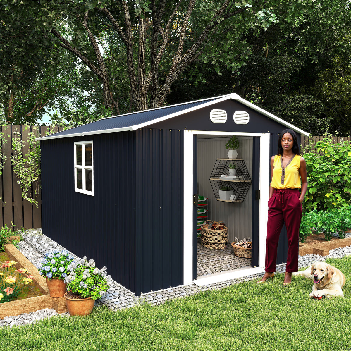 Dark Gray Metal Storage Shed with Lockable Doors, 7.3x11.2 ft