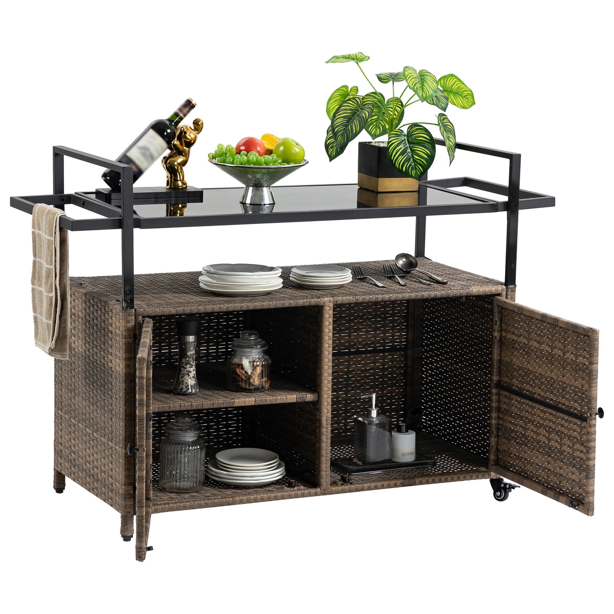 Light Brown Wicker Outdoor Bar Cart with Wheels, Glass Top