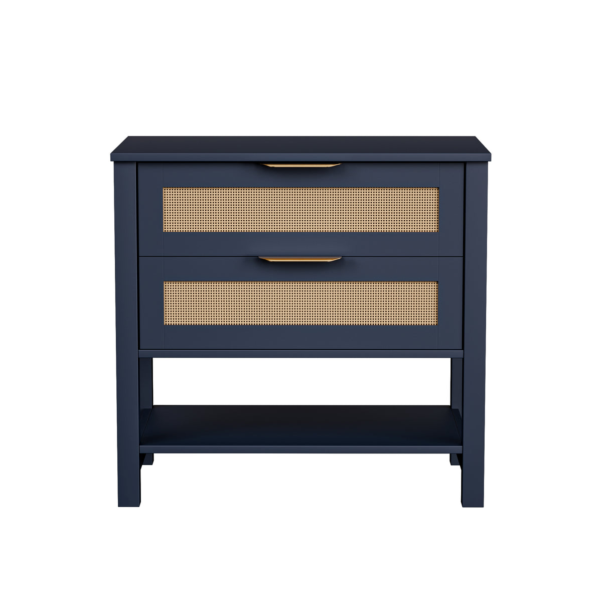 Navy Blue Rattan Nightstand with 2 Drawers and Shelf