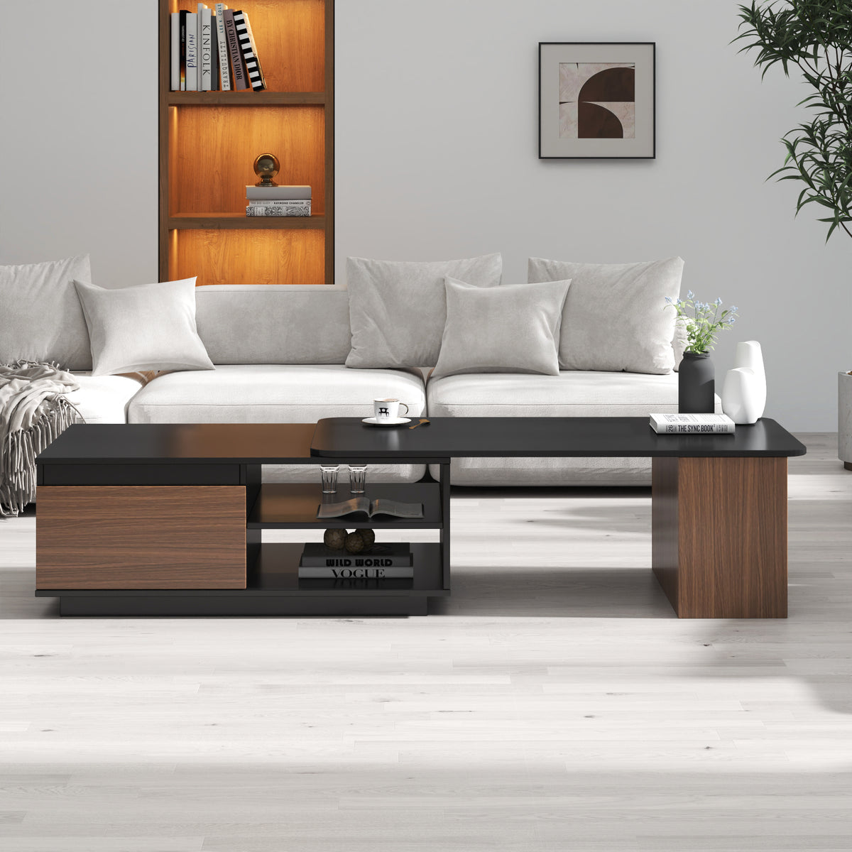 Black and Walnut Extendable Rectangular Coffee Table with Drawers, 47.2 in