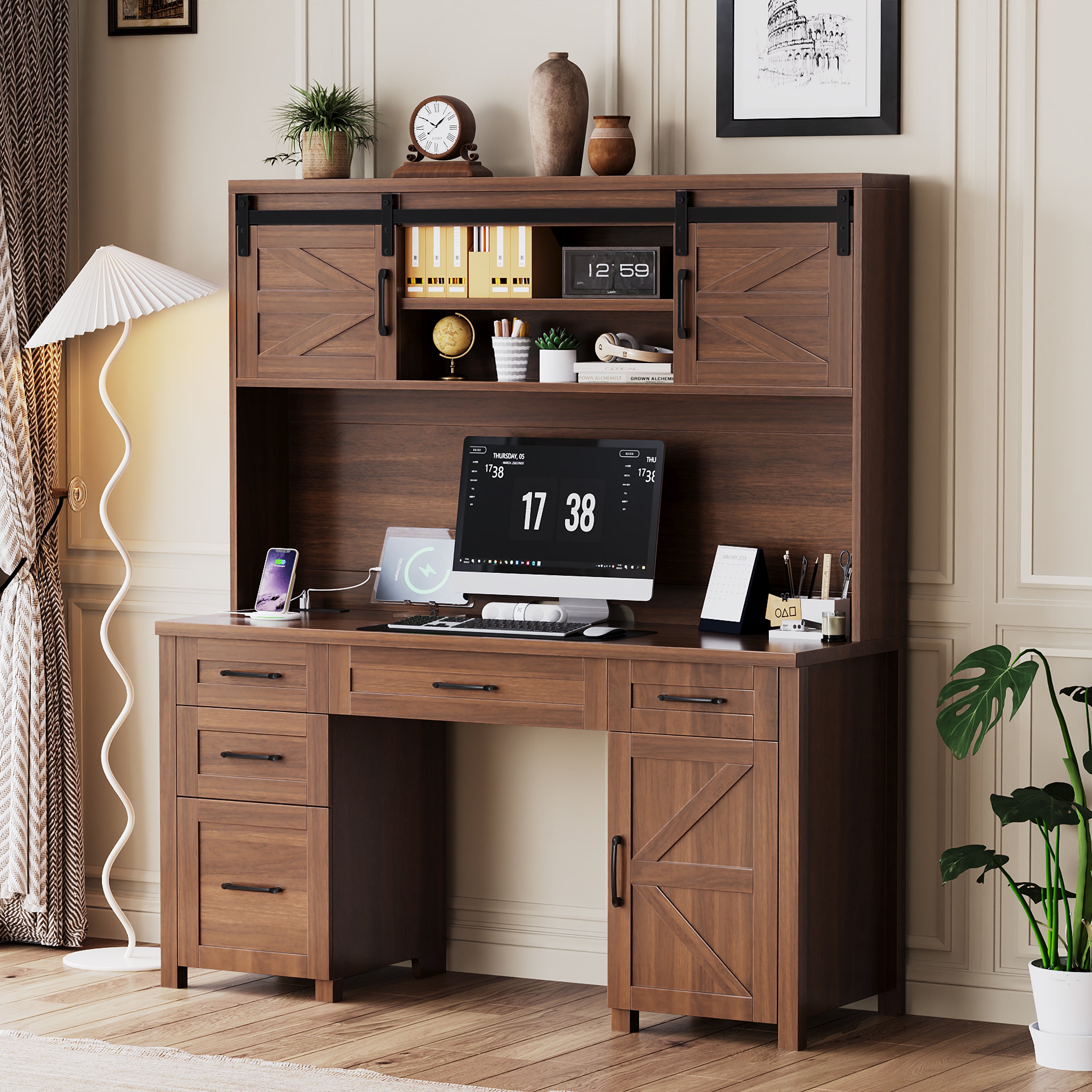 Farmhouse Computer Desk with Hutch, Charging Station, 5 Drawers, 61 in, Walnut
