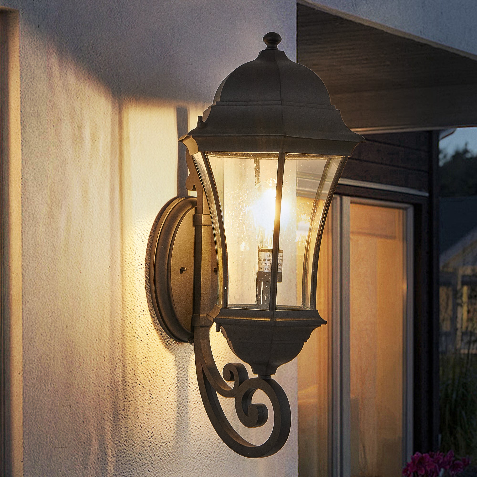 Wall Lantern with Dusk-to-Dawn Sensor, Seeded Glass Shade, Black