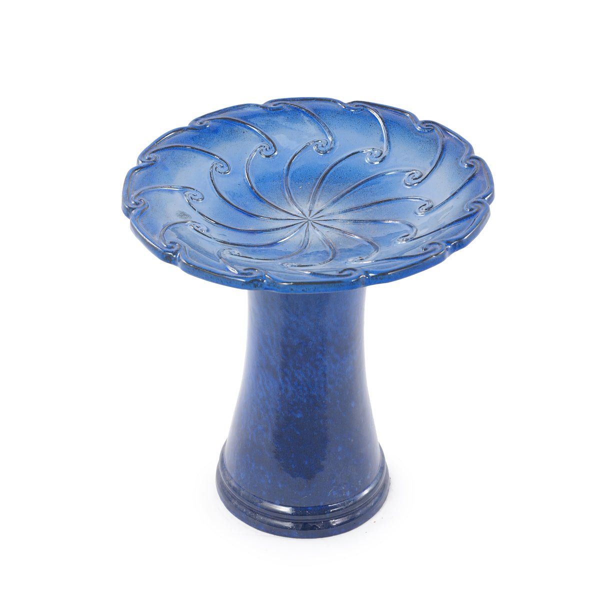 Blue Ceramic Bird Bath, Scroll Pattern