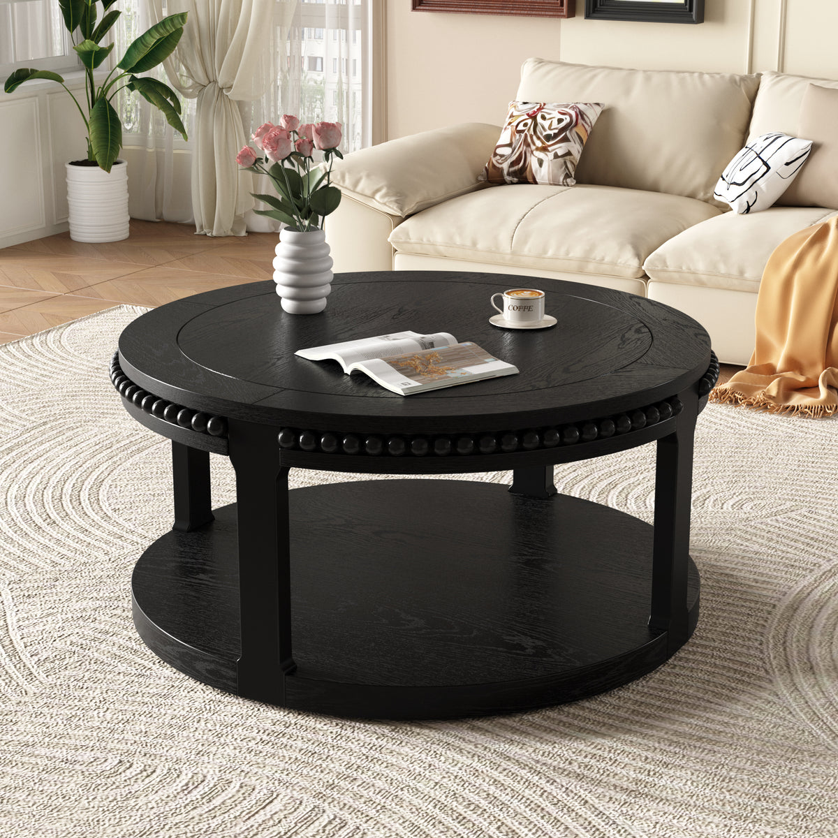 Black Farmhouse Beaded Round Coffee Table with Shelf, 31.5 in