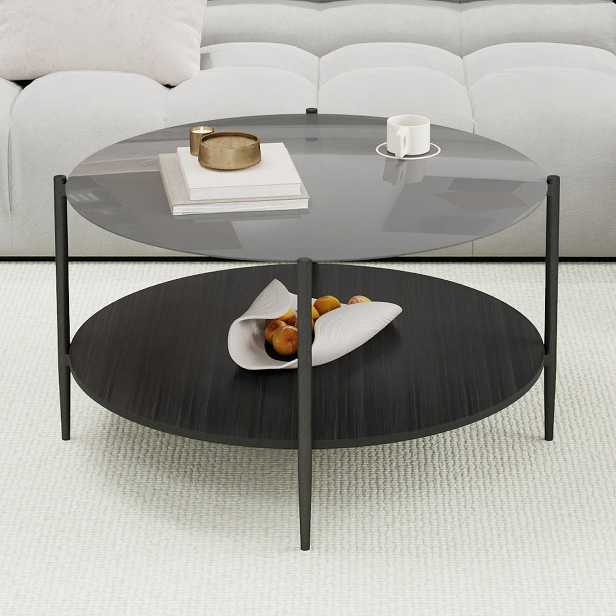 Black Glass-Top Round Two-Tier Coffee Table, 32.3 in