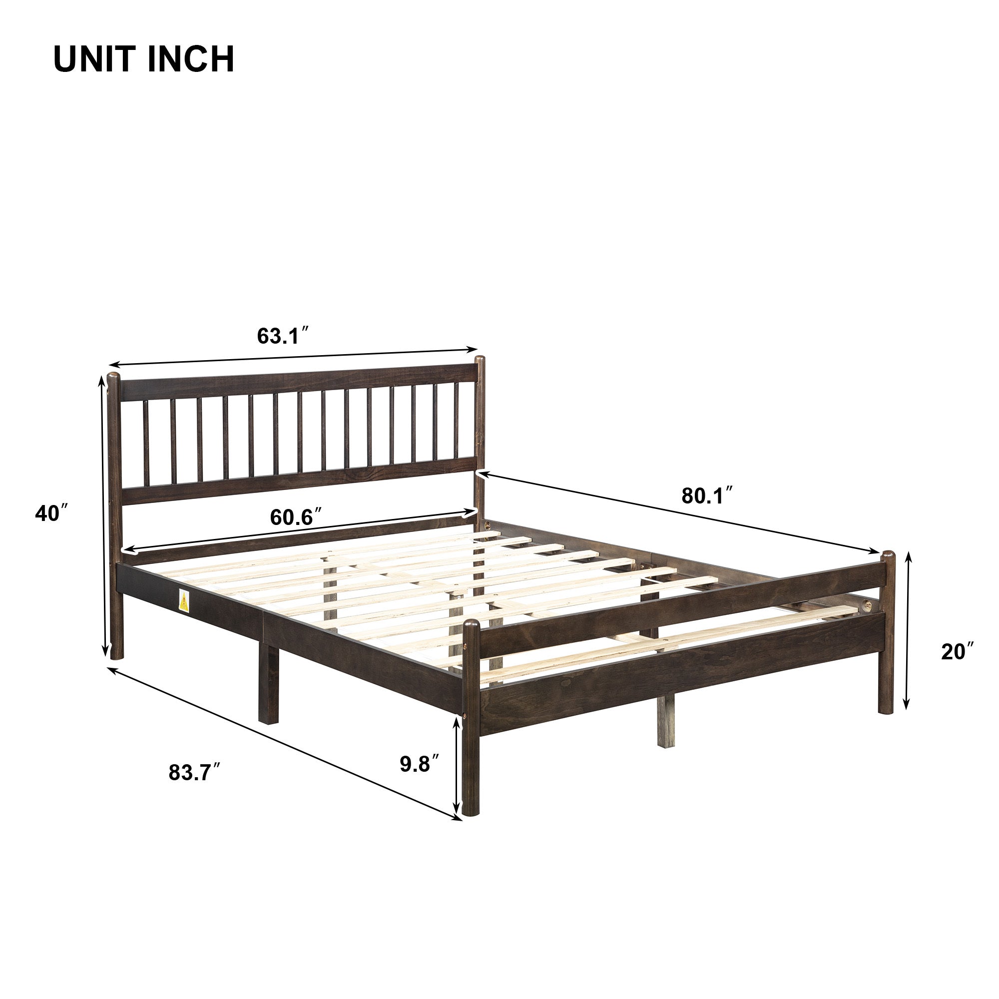 Studio angle of the bare brown queen bed frame showing the wood slat platform and spindle headboard #Color_Brown