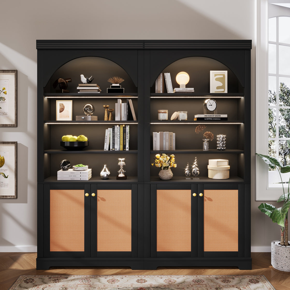 Modern Rattan Bookcase, 4 Doors, LED Lighting, 70.8 in Tall, Black
