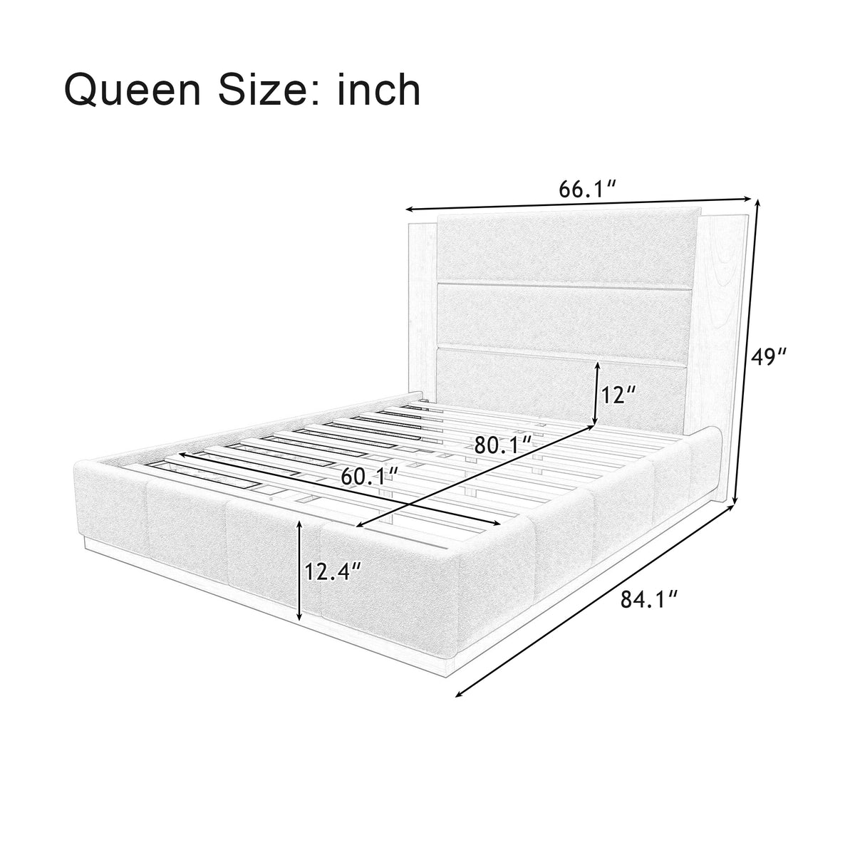 Dimension diagram of the upholstered queen bed frame: 84.1 in long, 66.1 in wide, 49 in tall headboard