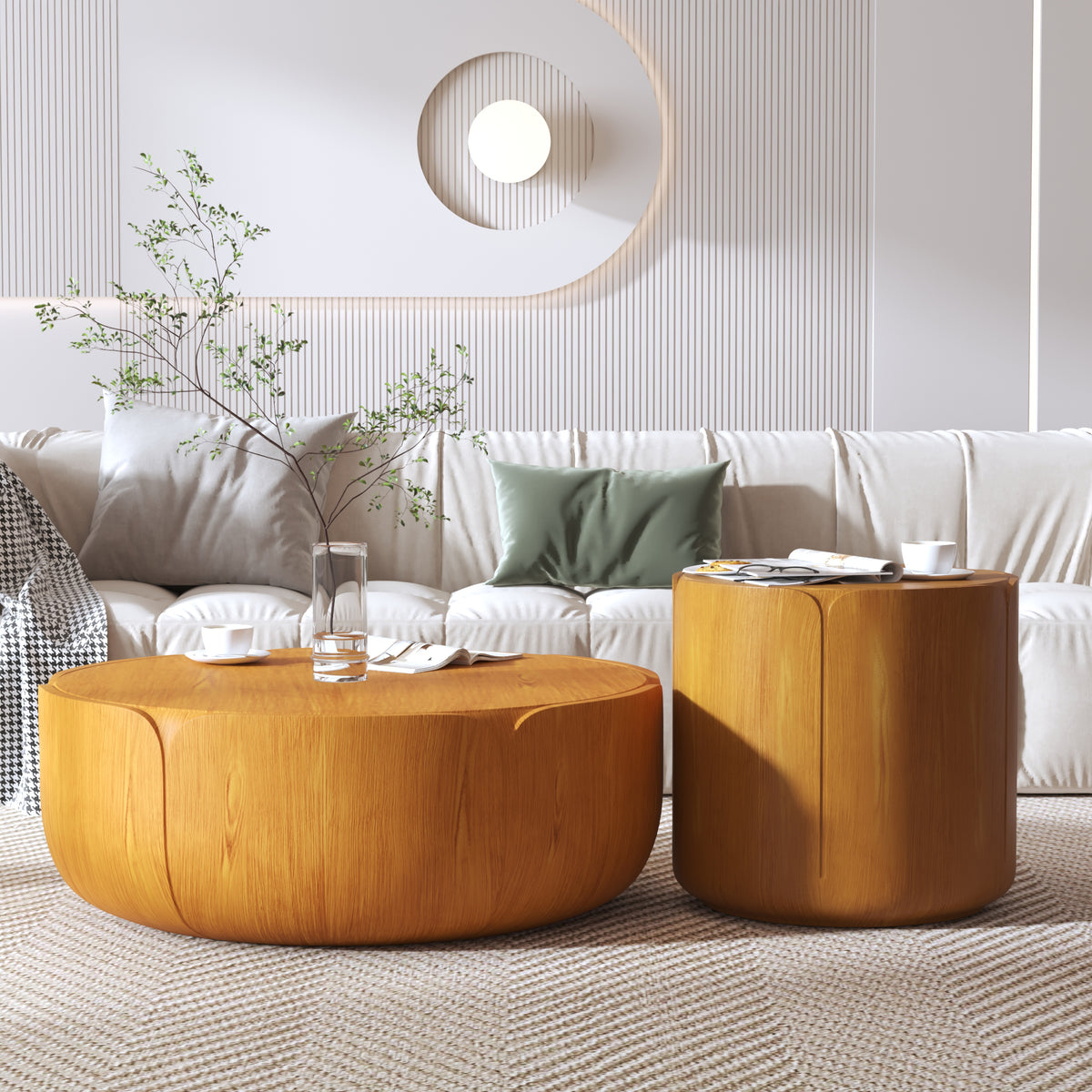 Natural Wood-Look Round Drum Coffee Table and Side Table, Set of 2