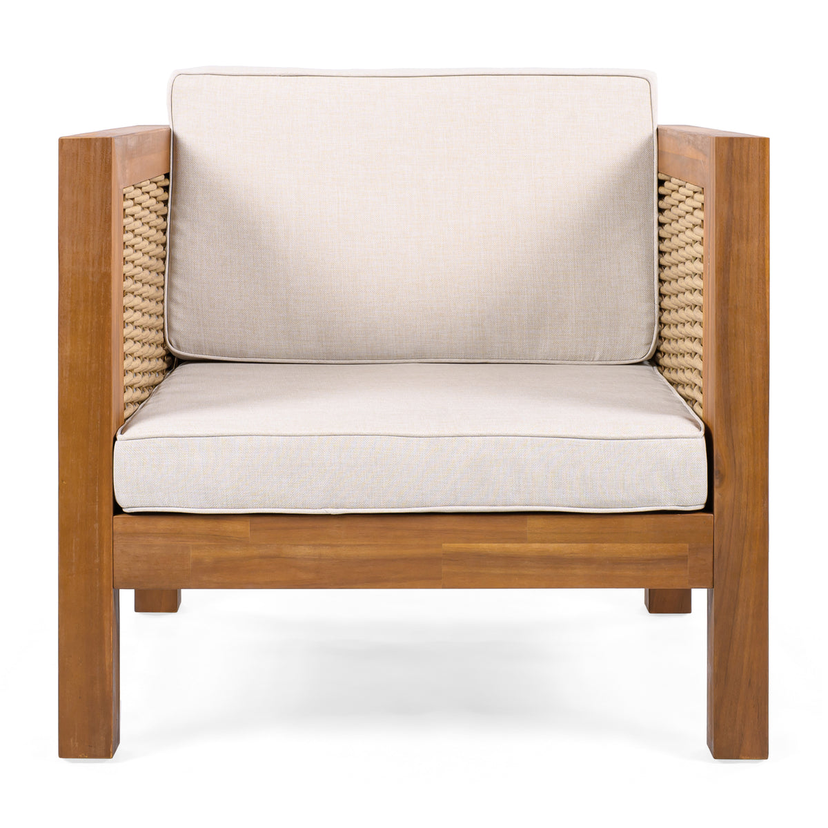 Teak Finish Solid Wood Outdoor Lounge Chair with Beige Cushions, 26.5 in Tall
