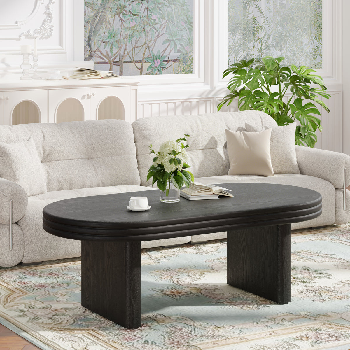 Black Mid-Century Fluted Edge Oval Coffee Table, 47.2 in