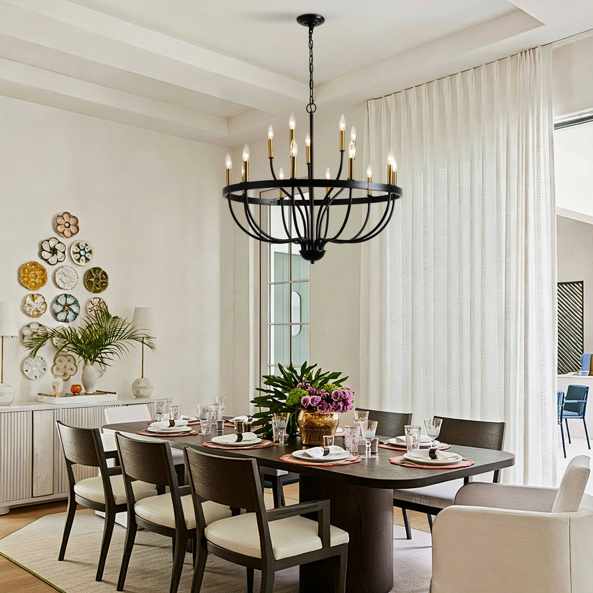Chandelier, 15-Light Farmhouse Metal Candle-Style, Gold and Black