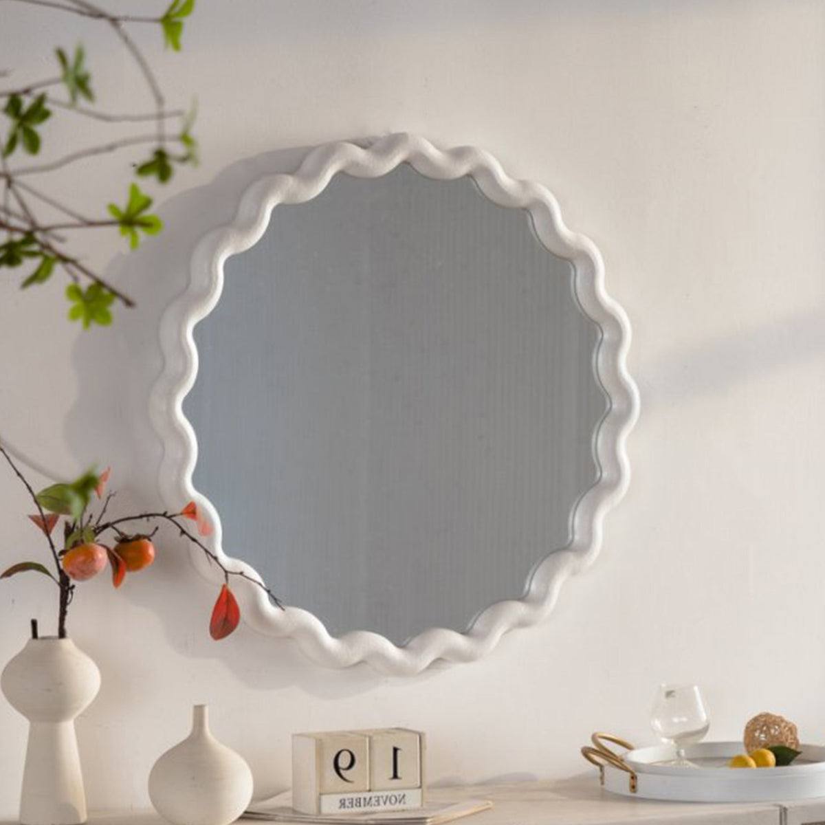 Scalloped Mirror, 28.15 in Wavy Frame, Cream White