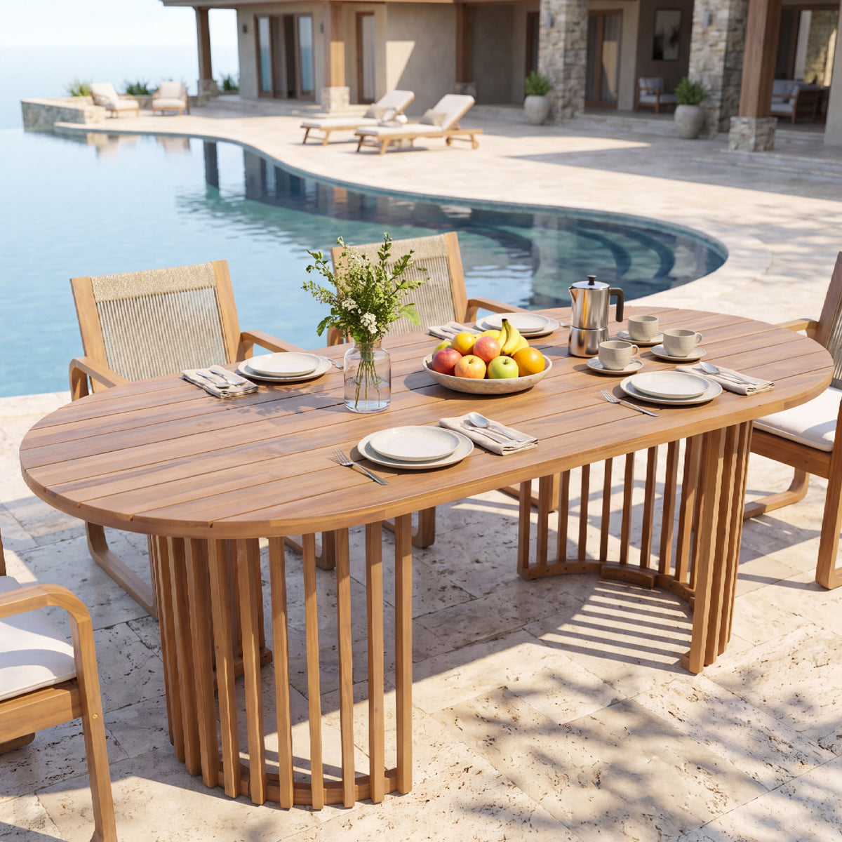 Teak Finish Oval Outdoor Dining Table, 68.9 in Wide