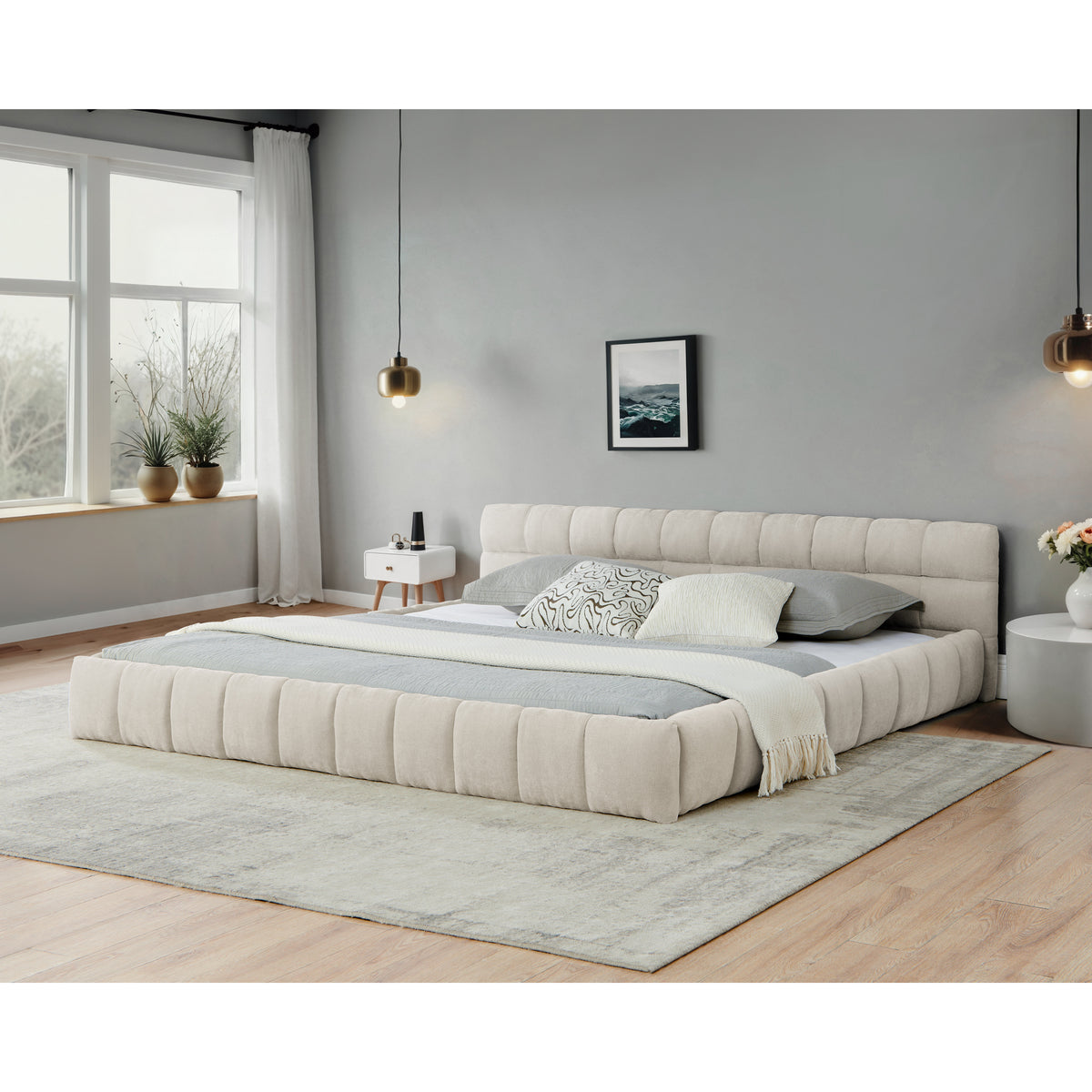 Low Profile Beige Chenille King Platform Bed