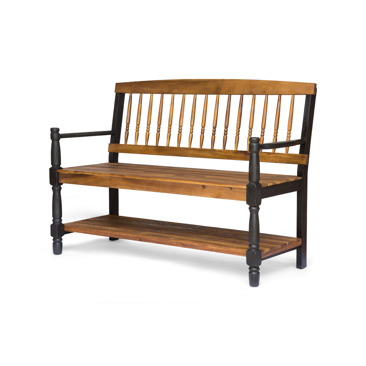 Teak Finish Solid Wood Outdoor Bench, 51 in Wide, Black Arms