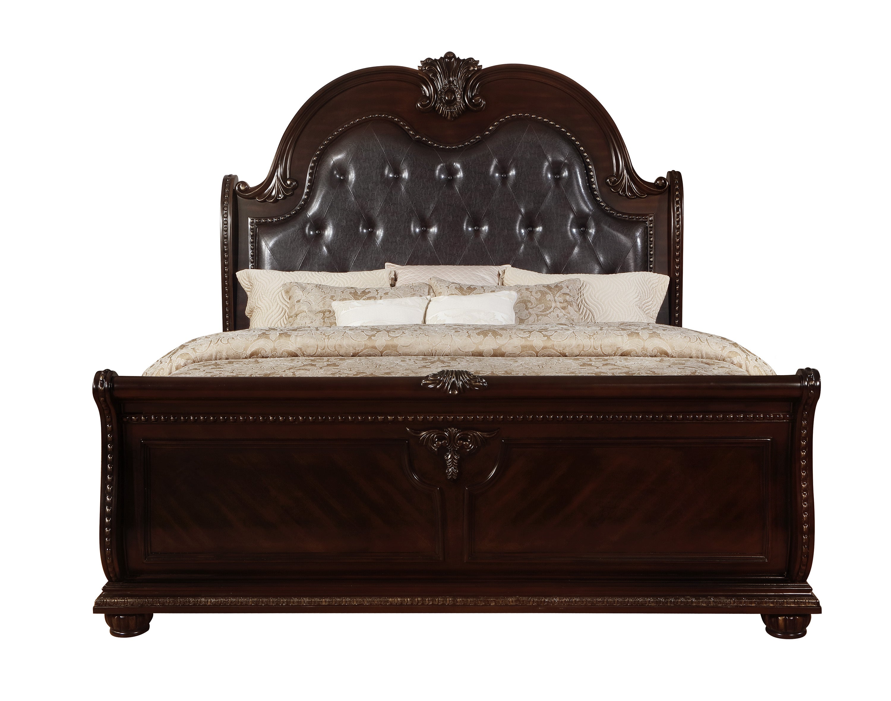 King Sleigh Bed, Button Tufted Vegan Leather in Antique Brown