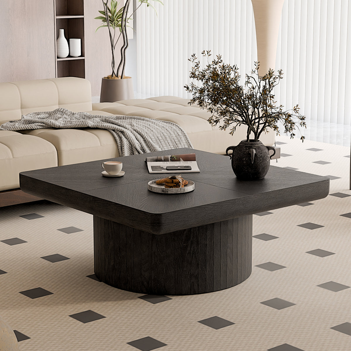 Black Square Fluted Pedestal Coffee Table, 34.6 in