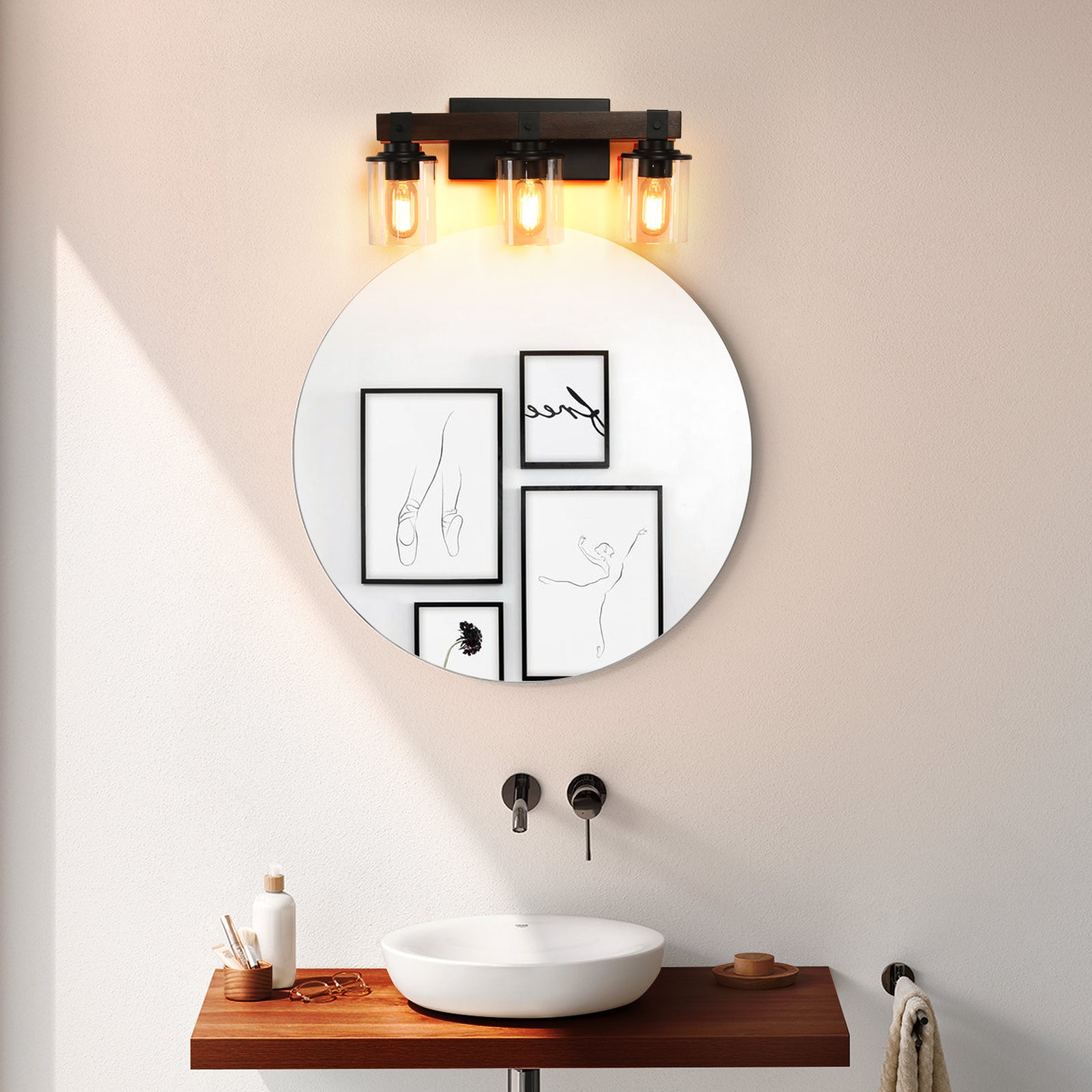 Vanity Light, 3-Light Iron with Walnut Wood Accent