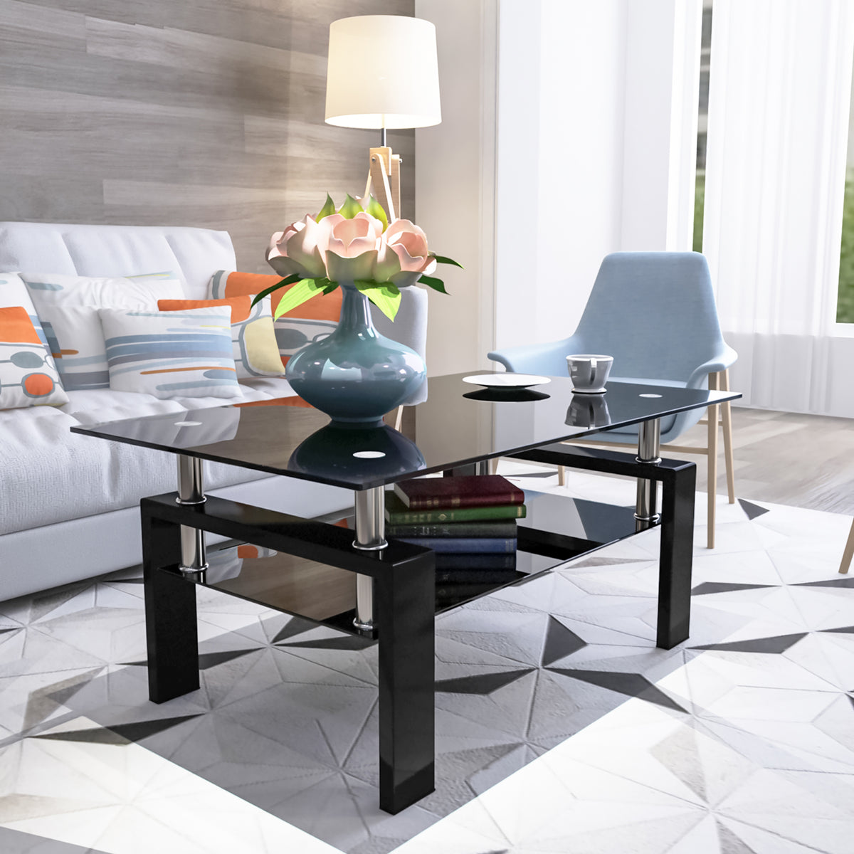 Black Glass-Top Two-Tier Rectangular Coffee Table, 38.6 in