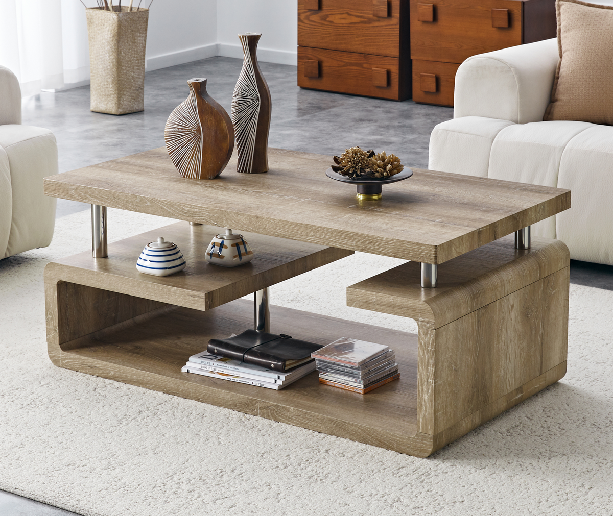 Distressed Oak Multi-Tier Coffee Table with Shelves, 43.5 in