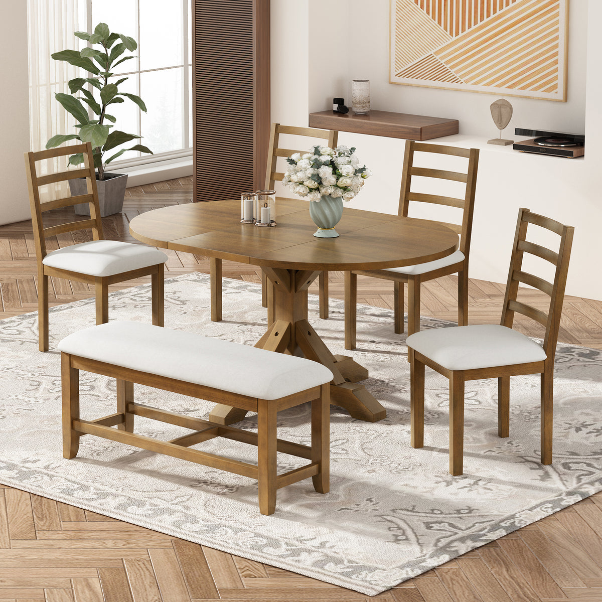 6-Piece Extendable Dining Set, Brown Oval Table, 4 Chairs and Bench
