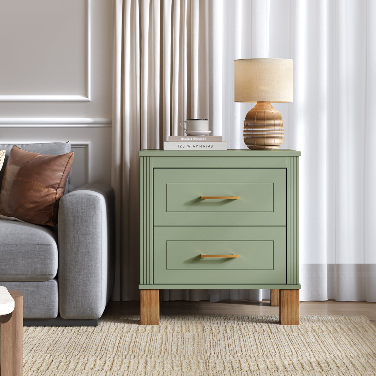Sage Green Mid-Century Fluted 2-Drawer Nightstand
