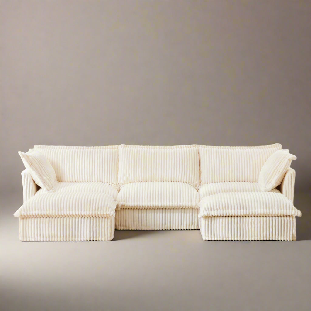 Fluffy 3-Seat Modular Sofa in Corduroy Cream with 2 ottomans #OttOnly_2 #Fabric_Corduroy Cream