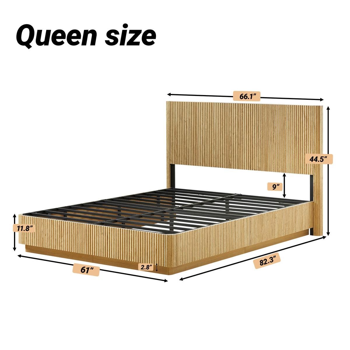 Queen size dimension diagram of light oak fluted platform bed with bare metal slat base