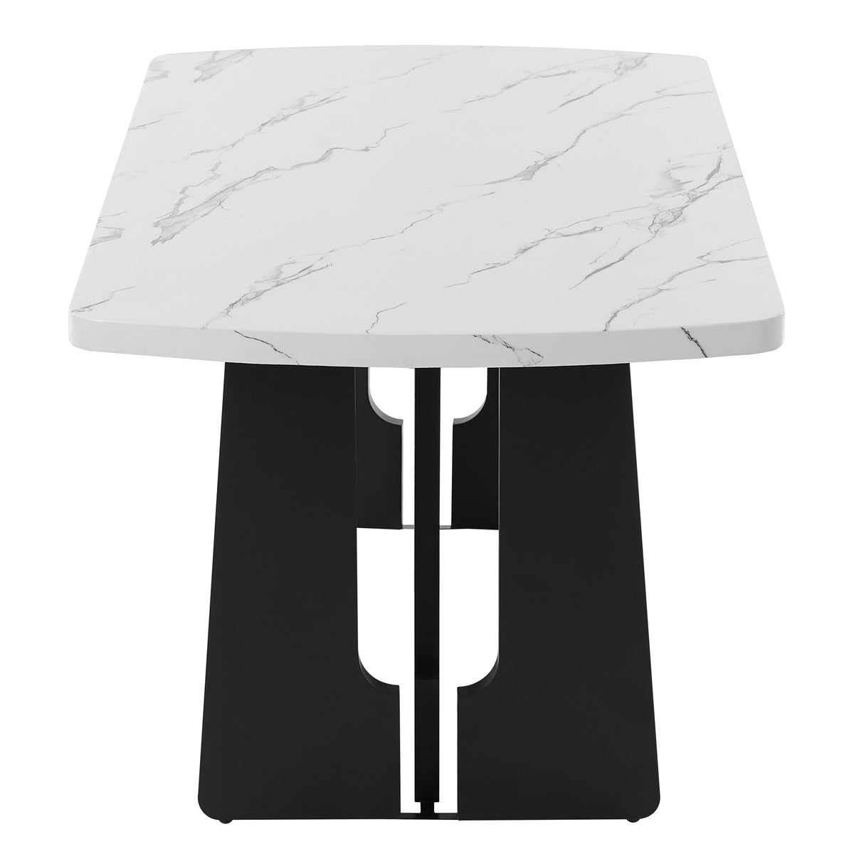 Close-up of the white faux marble tabletop edge and gray veining, white background