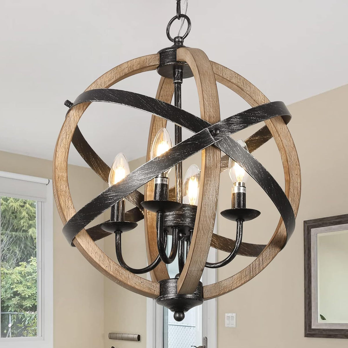 Chandelier with Adjustable Hanging Chain, 4-Light, Wood Finish