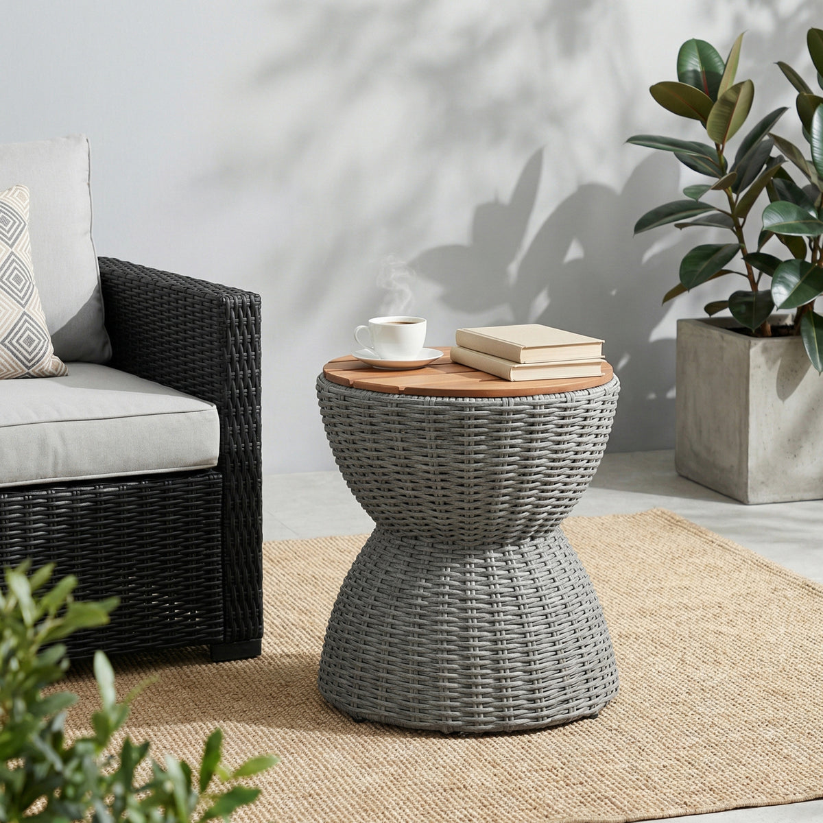 Gray Wicker Outdoor Side Table, Natural Wood Top