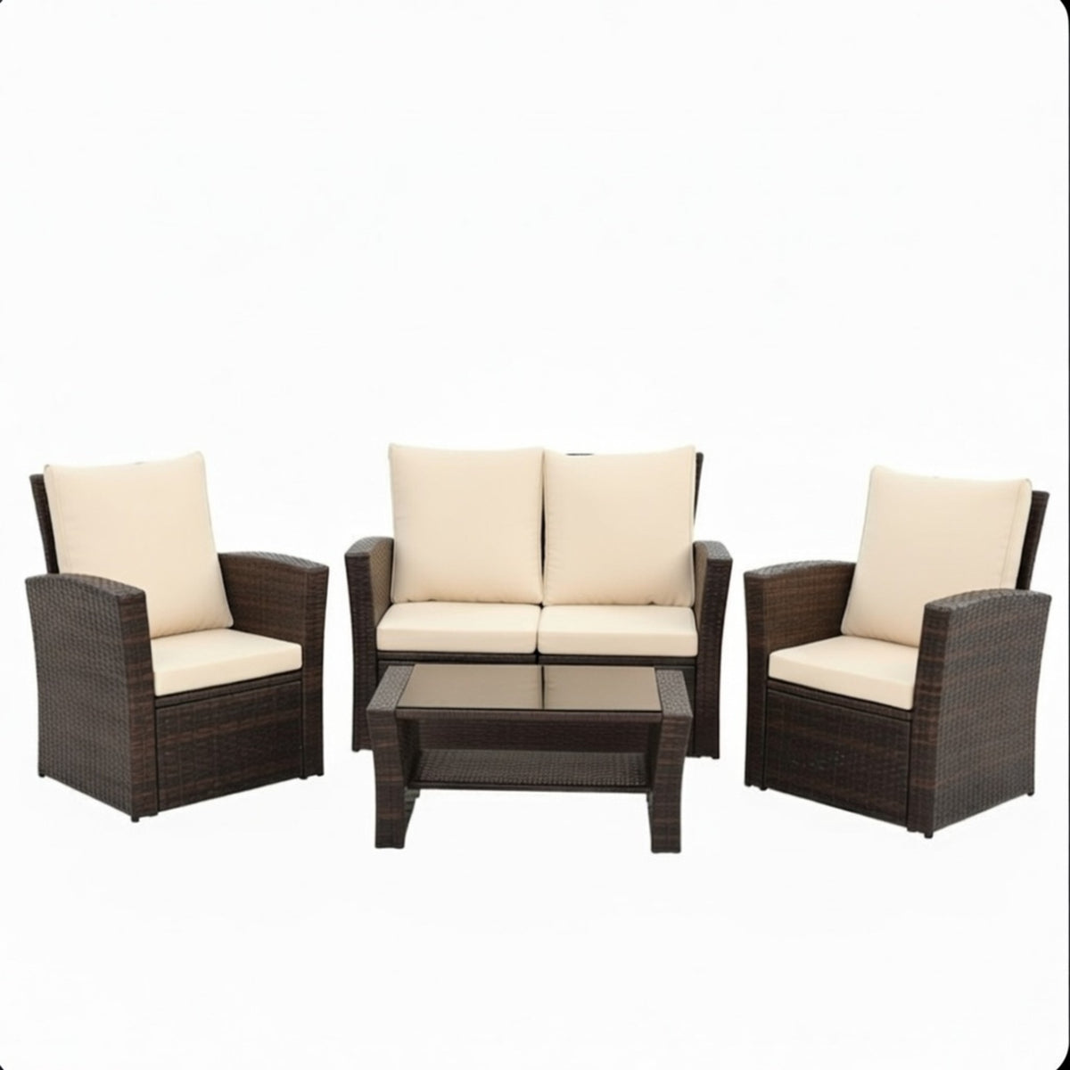 Brown Wicker 4-Piece Patio Conversation Set with Brown Cushions