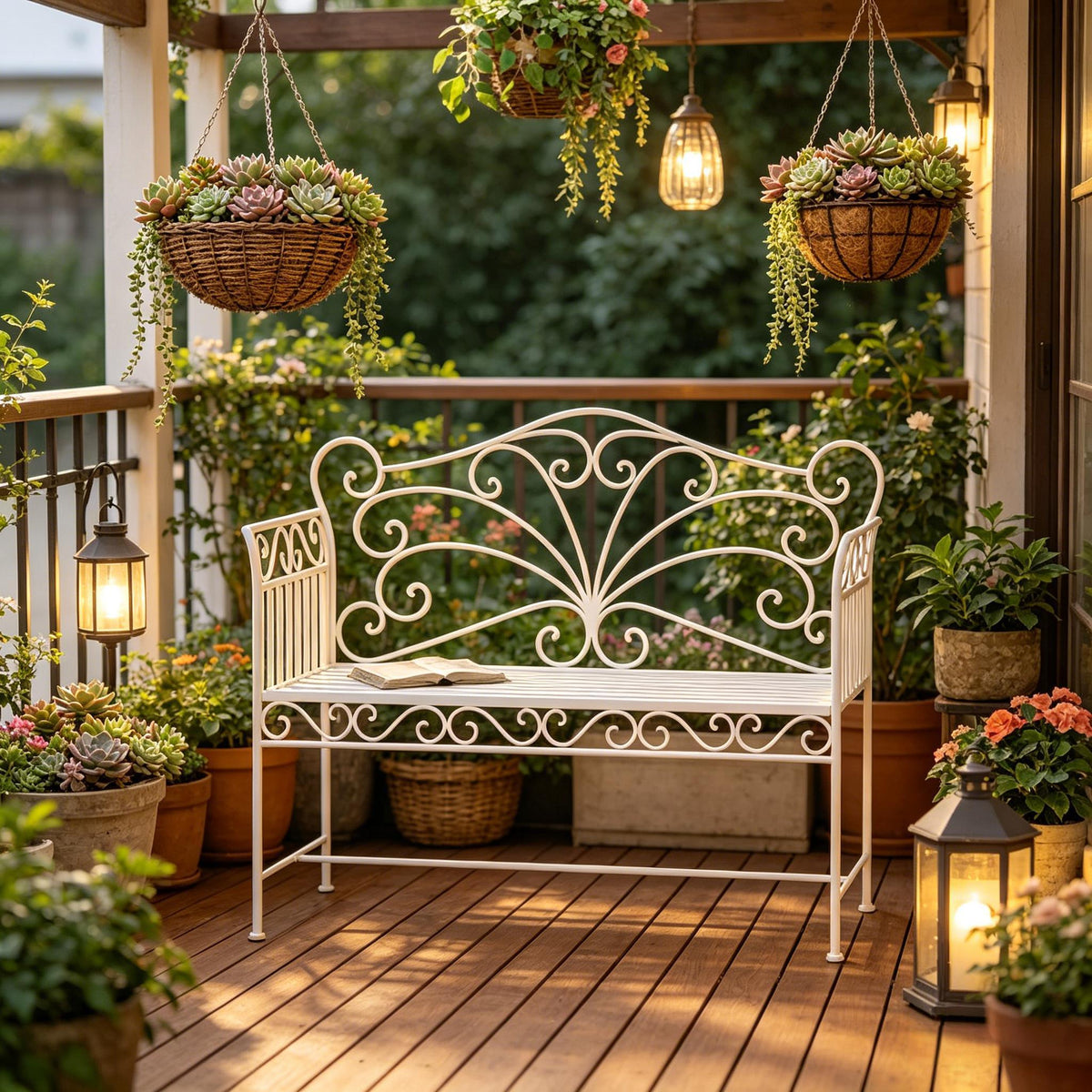 Cream White Metal Outdoor Bench, 43.7 in Wide