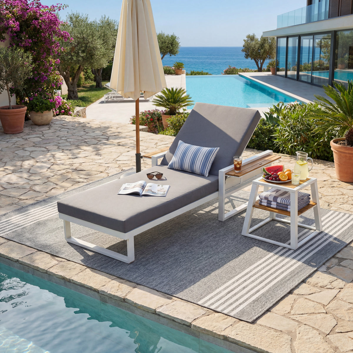 White Metal Adjustable Outdoor Chaise Lounge, Dark Gray Cushion
