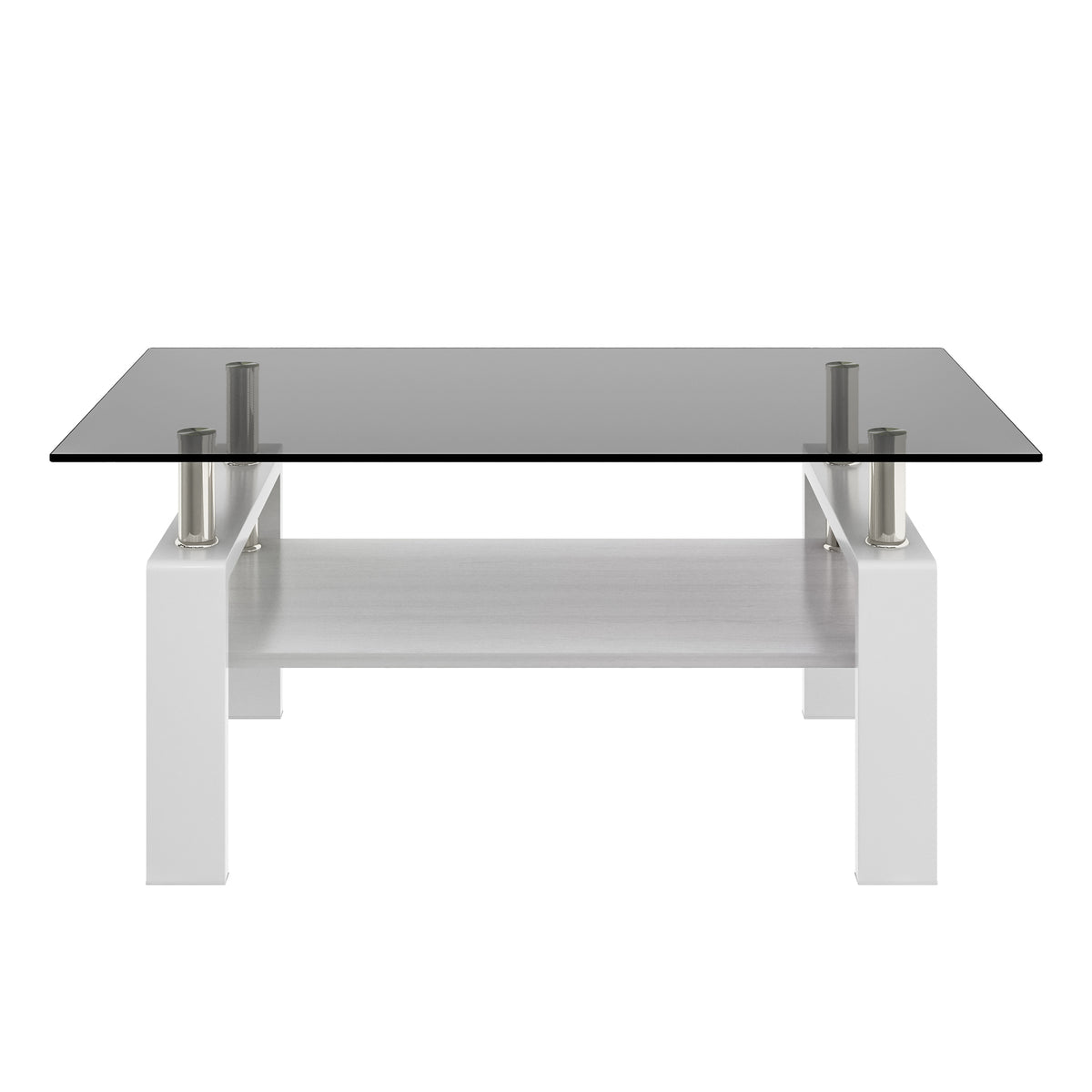 Gray and White Glass-Top Rectangular Coffee Table with Shelf, 39.2 in