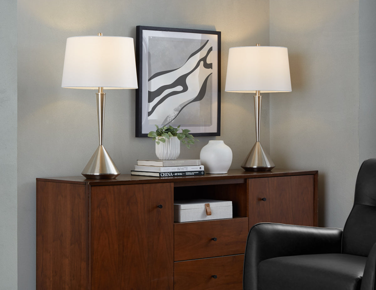 Nickel and White Table Lamp, 29 in, Linen and Metal